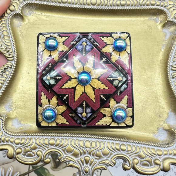 Vintage Resin Painting Square Brooch Pin signed Coral Bourgeois - Picture 1 of 6